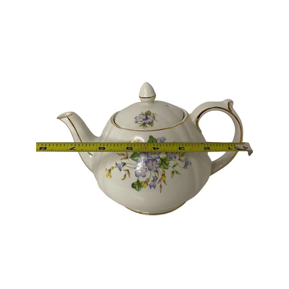 England‎ violet ceramic teapot with lid gilded gold trim rounded floral 6